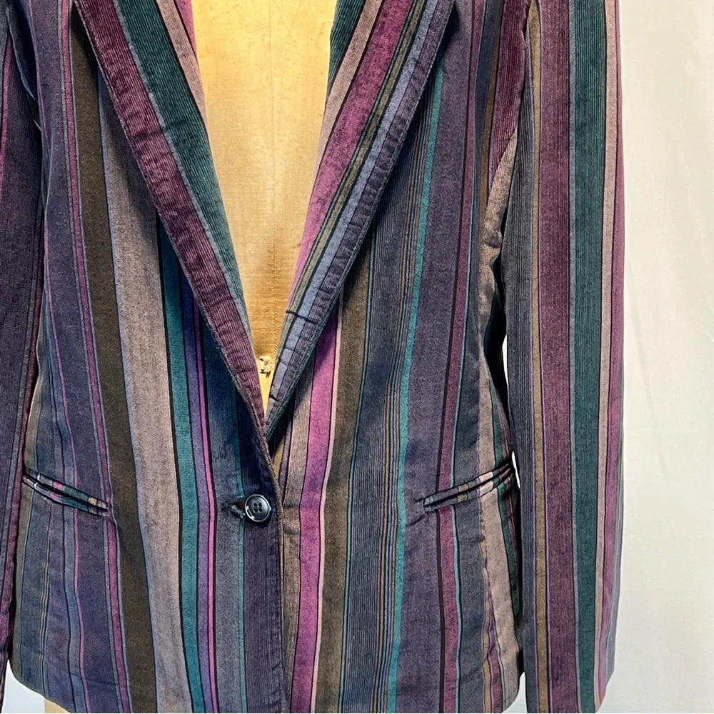 VINTAGE velvet moody jewel tone stripe blazer suit coat womens tailored 80s - Picture 4 of 12